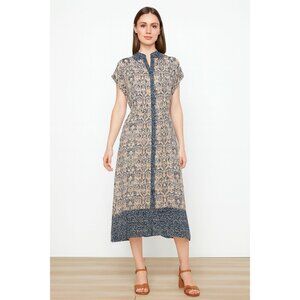 Lucky Brand S Blue & Peach Floral Paisley Midi Dress Short Sleeve Button Front